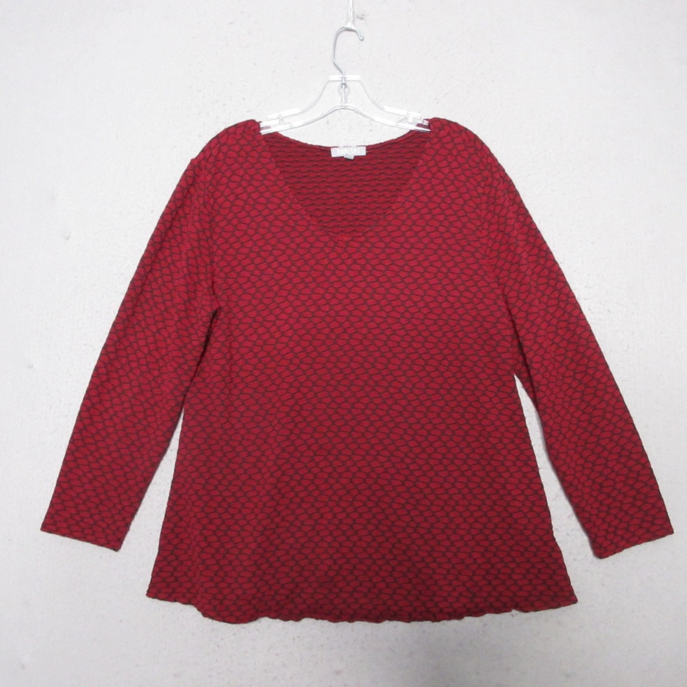 Habitat Top Medium Red Black Honeycomb Textured V-Neck Relaxed Comfort Lagenlook